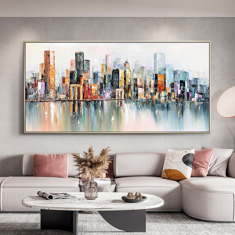 Abstract Cityscape Oil Painting, Large Colorful Urban Canvas Art – Colorful Urban Abstract City Architecture Wall Art | Hand-