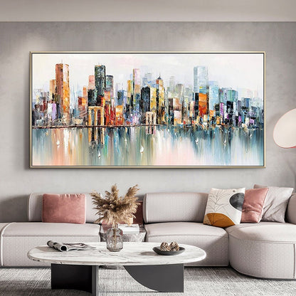 Abstract Cityscape Oil Painting, Large Colorful Urban Canvas Art – Colorful Urban Abstract City Architecture Wall Art | Hand-