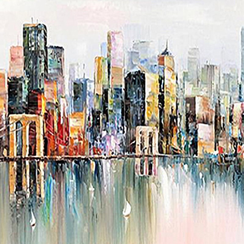 Abstract Cityscape Oil Painting, Large Colorful Urban Canvas Art – Colorful Urban Abstract City Architecture Wall Art | Hand-