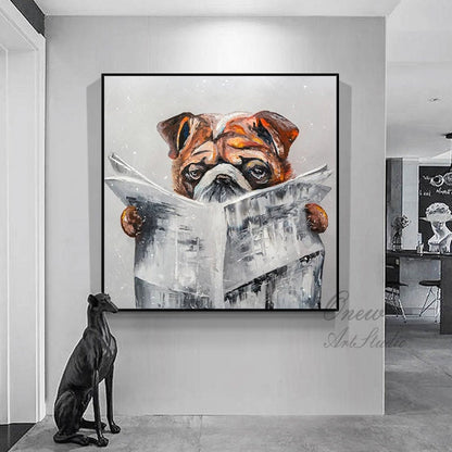 May include: A painting of a bulldog reading a newspaper. The bulldog is brown and white and has a serious expression on its face. The newspaper is black and white and has a lot of text on it. The painting is done in a realistic style and has a lot of detail.