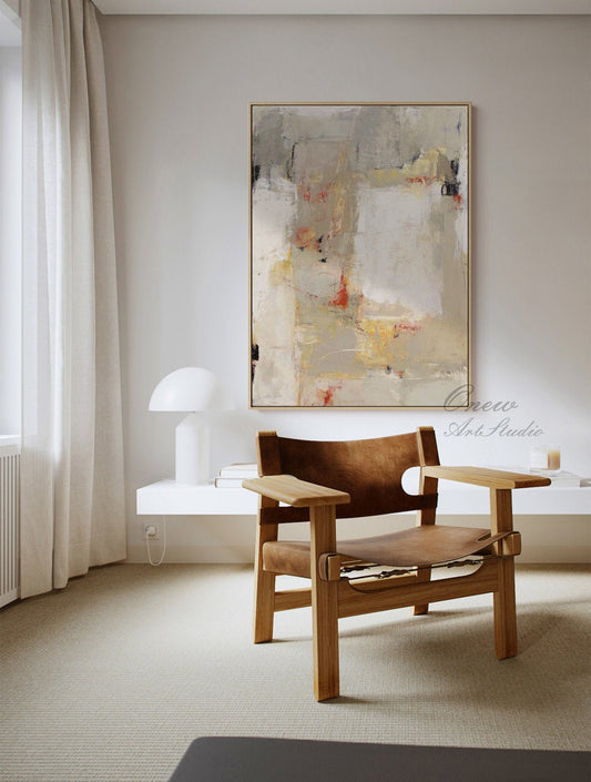 Large Abstract Oil Painting on Canvas, Original Beige and Grey Canvas Wall Art, Modern Textured Painting for Living Room Office Bedroom