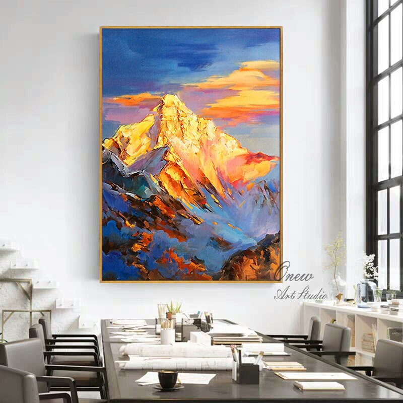 Abstract Golden Mountain Oil Painting on Canvas, Original Landscape Canvas Wall Art, Modern Clouds and Mountain Wall Art for Living Room