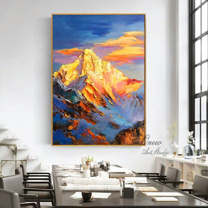 Abstract Golden Mountain Oil Painting on Canvas, Original Landscape Canvas Wall Art, Modern Clouds and Mountain Wall Art for Living Room