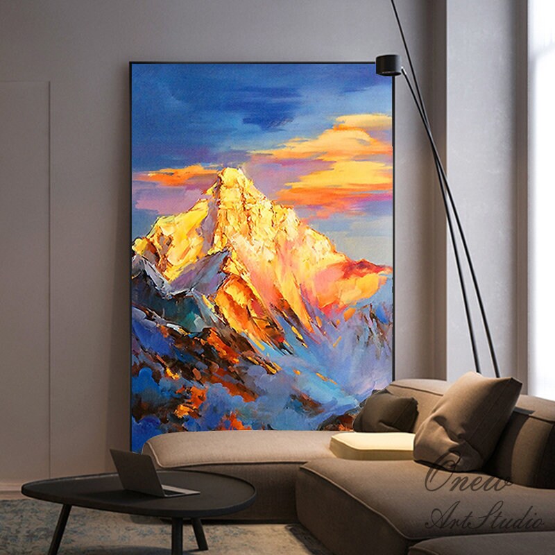 Abstract Golden Mountain Oil Painting on Canvas, Original Landscape Canvas Wall Art, Modern Clouds and Mountain Wall Art for Living Room