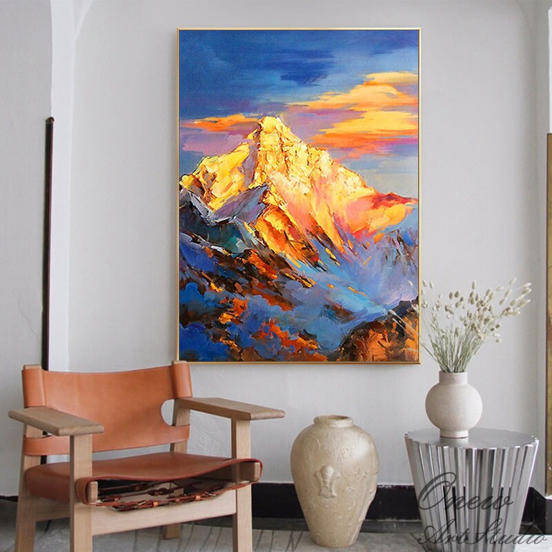 Abstract Golden Mountain Oil Painting on Canvas, Original Landscape Canvas Wall Art, Modern Clouds and Mountain Wall Art for Living Room