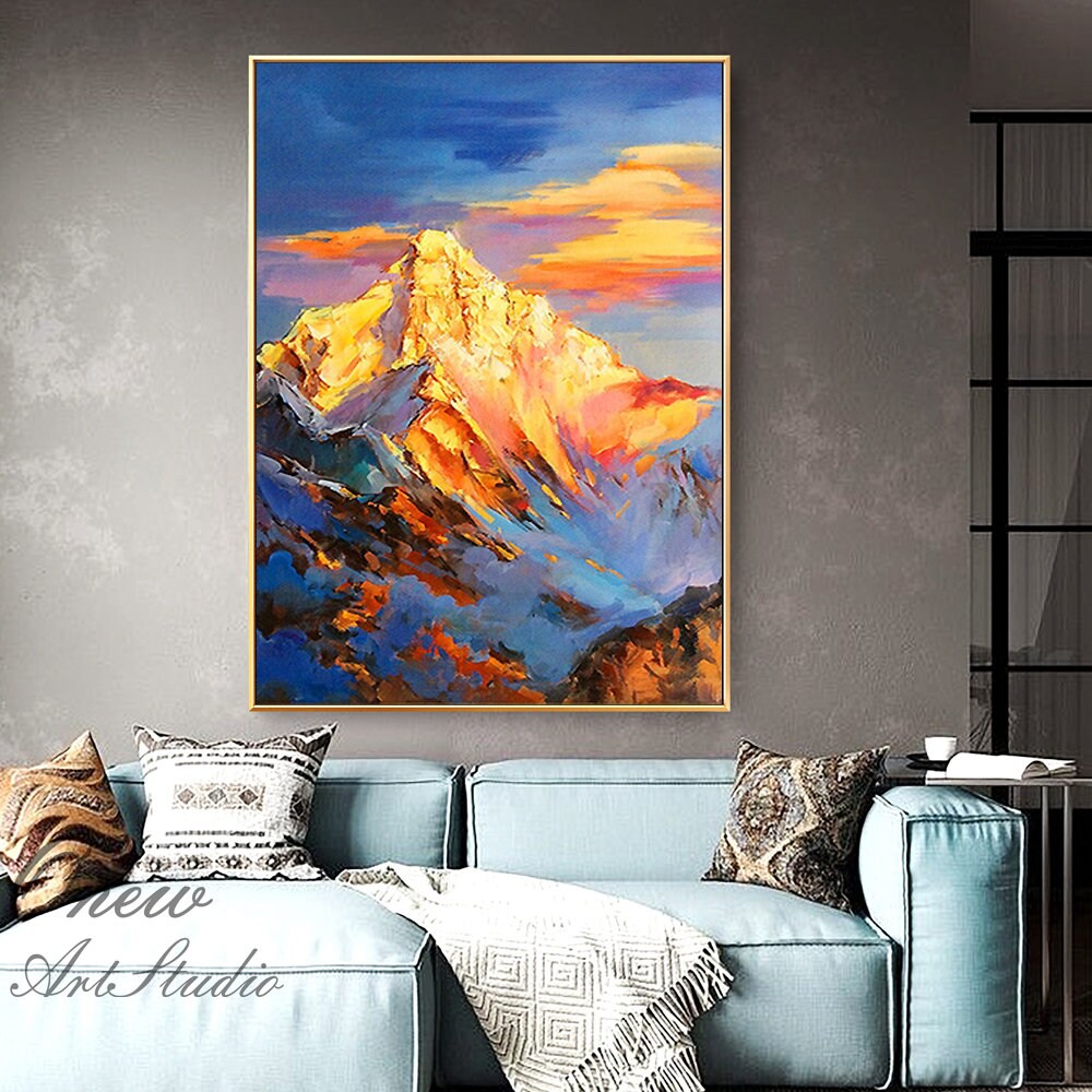 Abstract Golden Mountain Oil Painting on Canvas, Original Landscape Canvas Wall Art, Modern Clouds and Mountain Wall Art for Living Room
