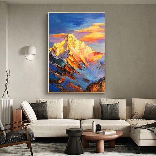 Abstract Golden Mountain Oil Painting on Canvas, Original Landscape Canvas Wall Art, Modern Clouds and Mountain Wall Art for Living Room