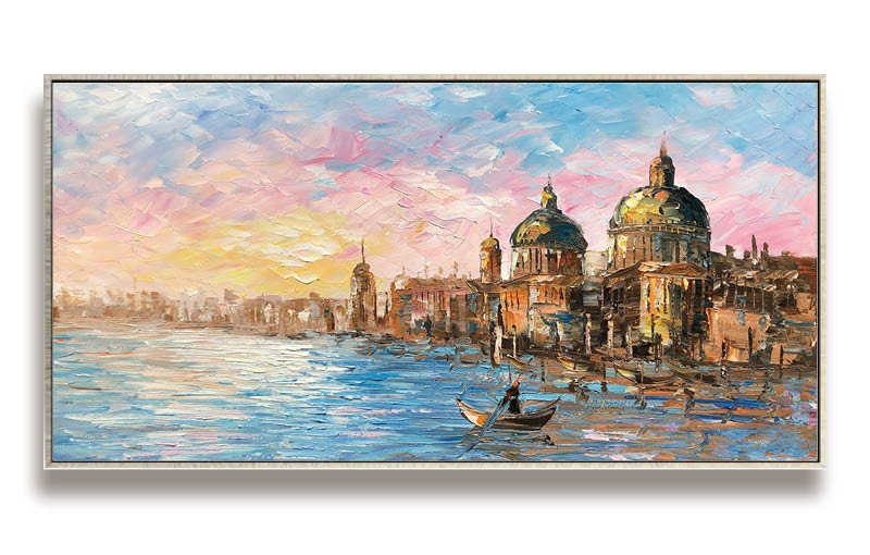 Original Venice Landscape Oil Painting on Canvas, Abstract Rosy Clouds and Water City Canvas Art, Modern Cityscape Wall Art for Living Room