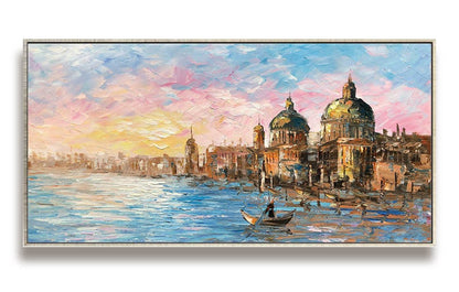 Original Venice Landscape Oil Painting on Canvas, Abstract Rosy Clouds and Water City Canvas Art, Modern Cityscape Wall Art for Living Room