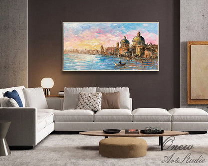 Original Venice Landscape Oil Painting on Canvas, Abstract Rosy Clouds and Water City Canvas Art, Modern Cityscape Wall Art for Living Room