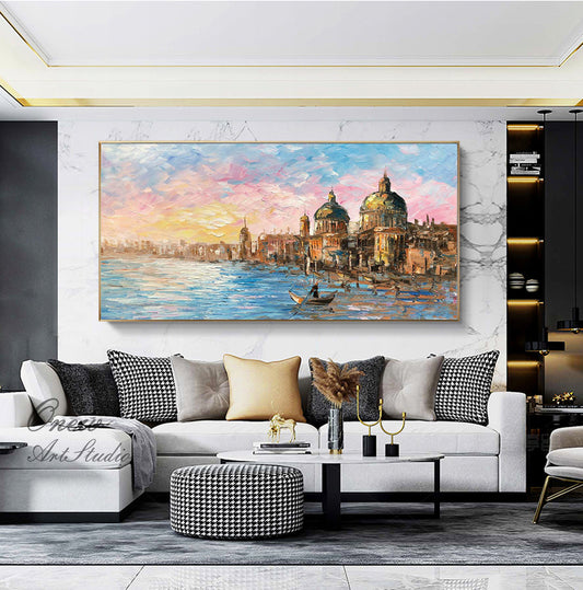Original Venice Landscape Oil Painting on Canvas, Abstract Rosy Clouds and Water City Canvas Art, Modern Cityscape Wall Art for Living Room