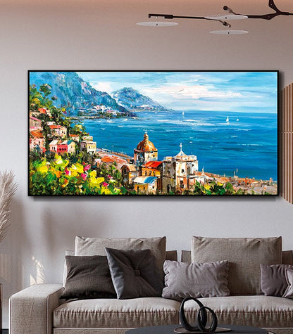 Impressionist Mediterranean-sea Oil Painting on Canvas, Large Original Coastal Cityscape Painting, Modern Seascape Wall Art for Living Room
