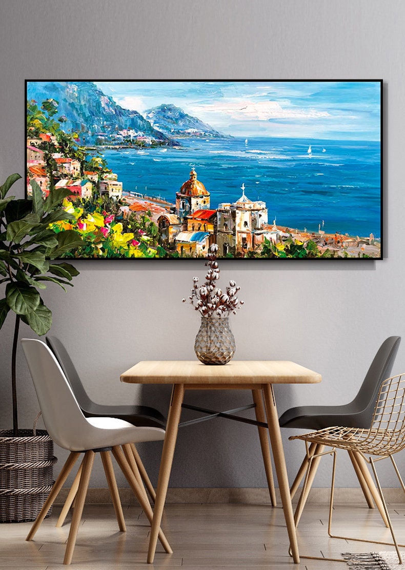 Impressionist Mediterranean-sea Oil Painting on Canvas, Large Original Coastal Cityscape Painting, Modern Seascape Wall Art for Living Room
