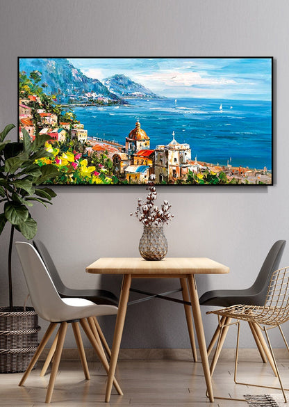 Impressionist Mediterranean-sea Oil Painting on Canvas, Large Original Coastal Cityscape Painting, Modern Seascape Wall Art for Living Room