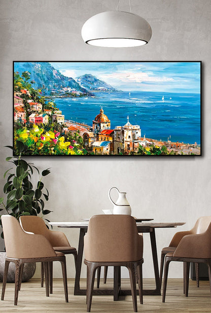 Impressionist Mediterranean-sea Oil Painting on Canvas, Large Original Coastal Cityscape Painting, Modern Seascape Wall Art for Living Room