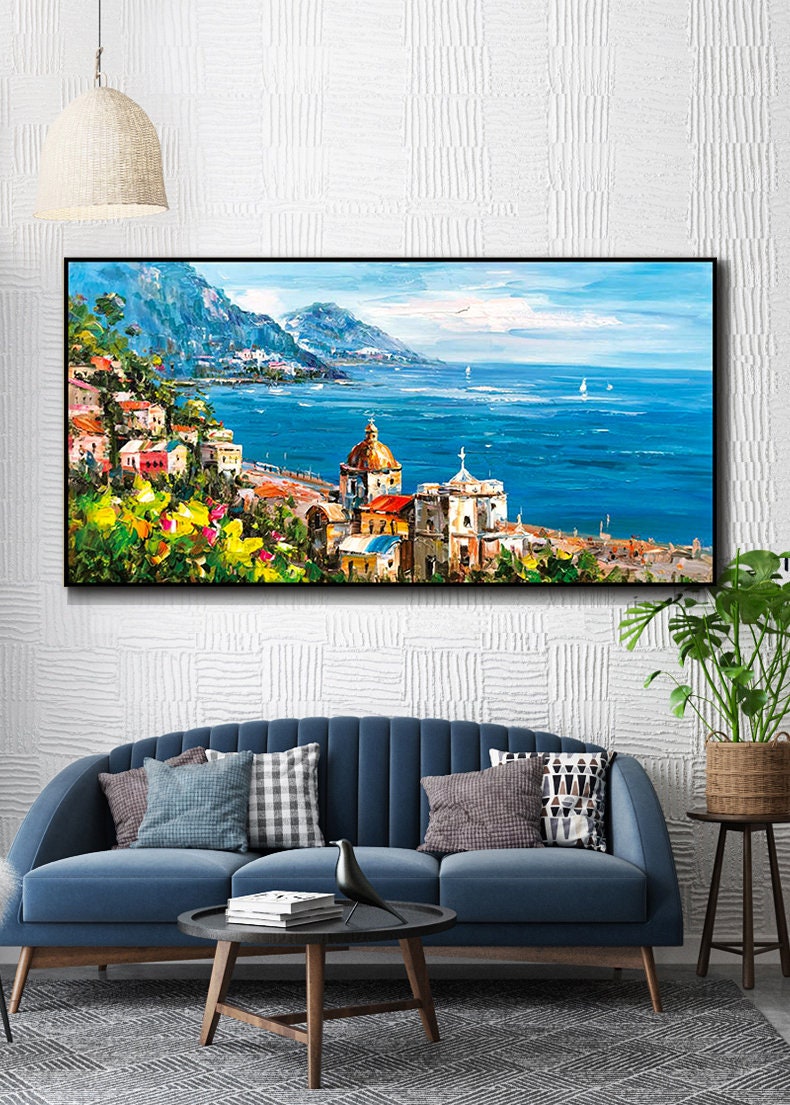 Impressionist Mediterranean-sea Oil Painting on Canvas, Large Original Coastal Cityscape Painting, Modern Seascape Wall Art for Living Room