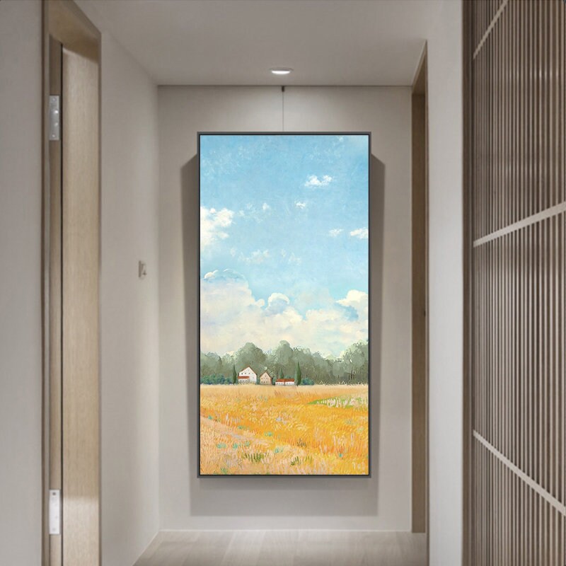 Impressionist Golden Wheat Field and Clouds Oil Painting on Canvas, Original Landscape Canvas Wall Art, Modern Nature Art for Living Room
