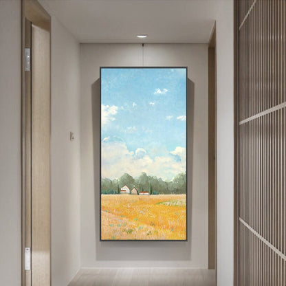Impressionist Golden Wheat Field and Clouds Oil Painting on Canvas, Original Landscape Canvas Wall Art, Modern Nature Art for Living Room