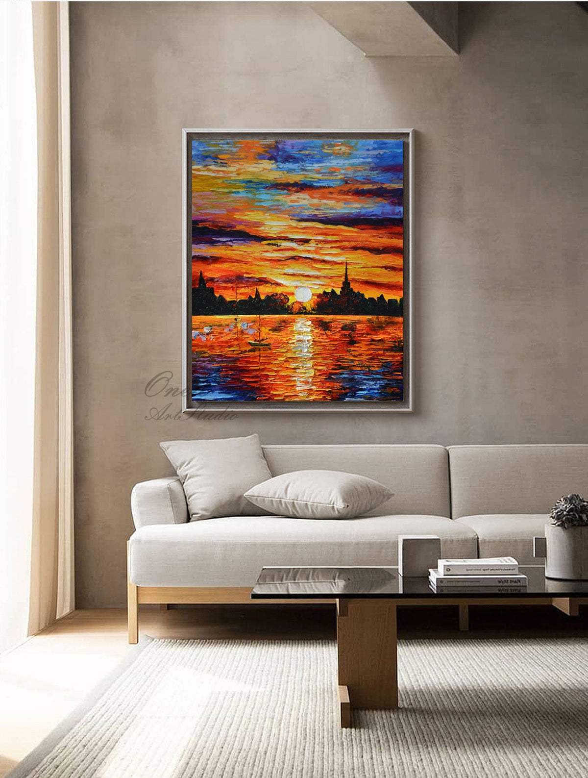 Abstract Seascape and Sunset Oil Painting on Canvas, Original Ocean and Sailboat Wall Art, Modern Coastal Landscape Painting for Living Room