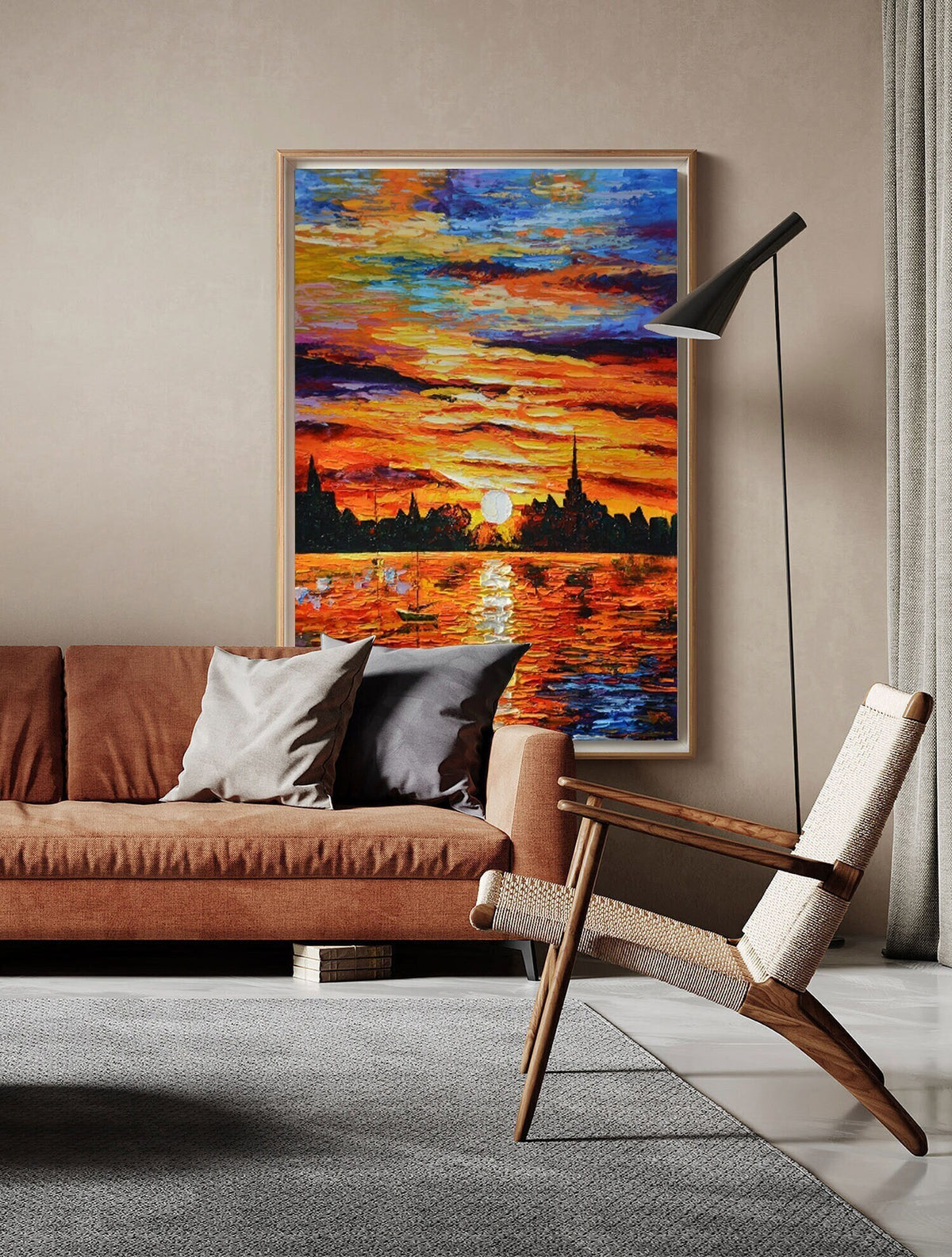 Abstract Seascape and Sunset Oil Painting on Canvas, Original Ocean and Sailboat Wall Art, Modern Coastal Landscape Painting for Living Room
