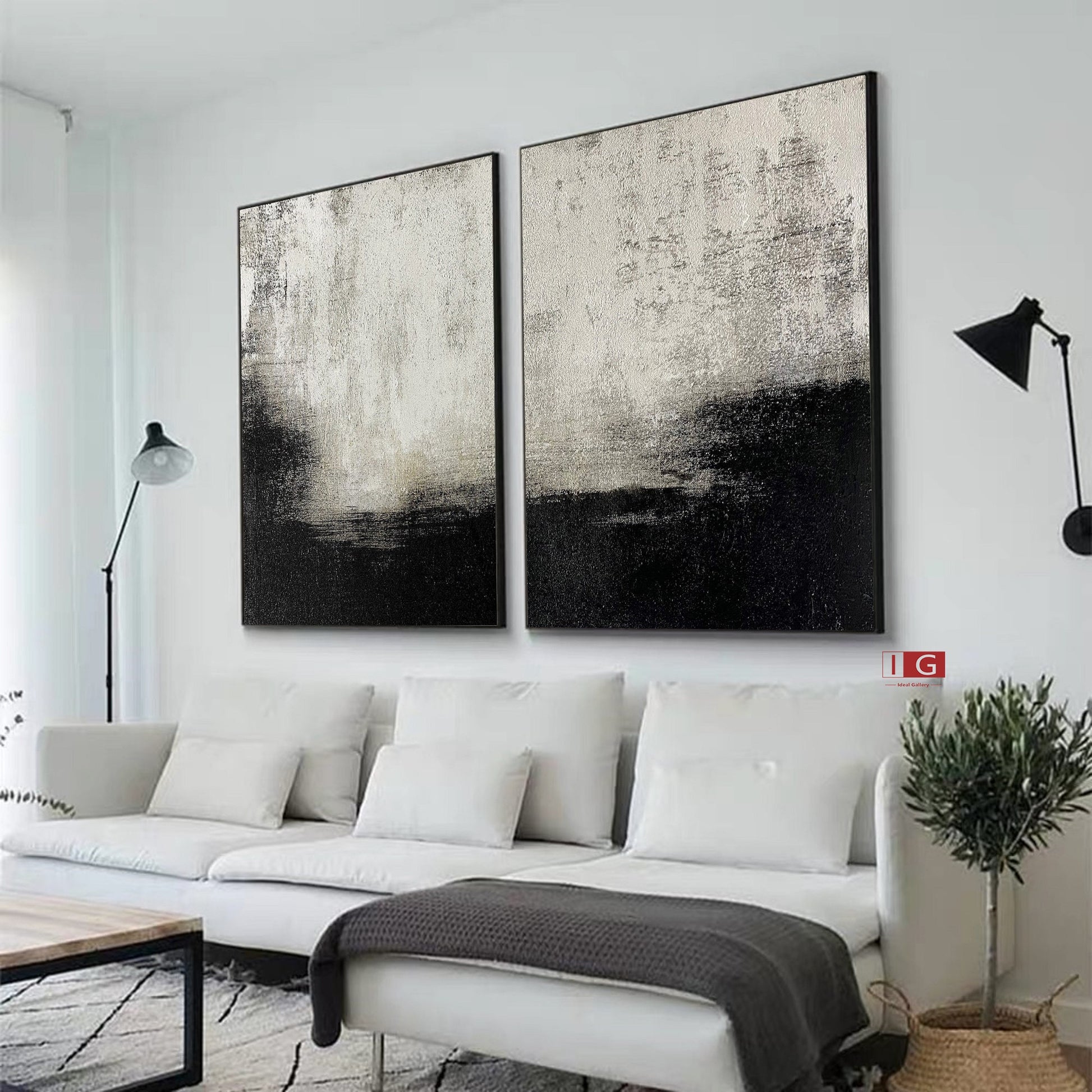 Set of 2 Black and Beige Abstract Paintings – Minimalist Wall Art