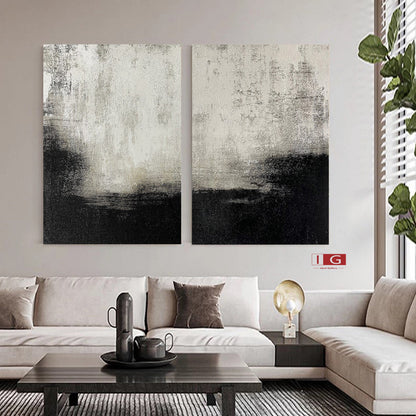 Set of 2 Black and Beige Abstract Paintings – Minimalist Wall Art