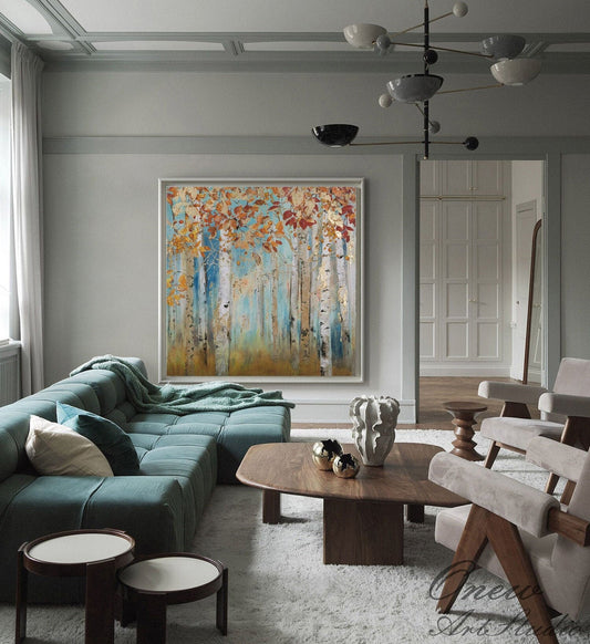 Abstract Birch Trees Canvas Wall Art, Original Aspen Trees Oil Painting on Canvas, Modern Autumn Landscape Painting for Living Room Bedroom