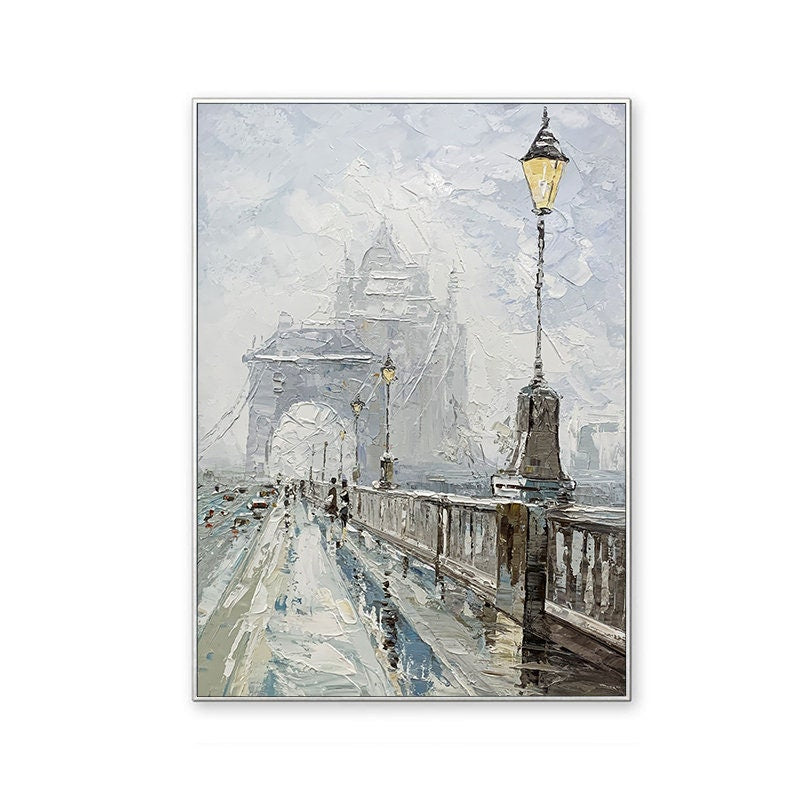 Abstract Cityscape Canvas Wall Art, Large Original Bridge Acrylic Painting on Canvas, Impressionist Streetscape Oil Painting for Living Room