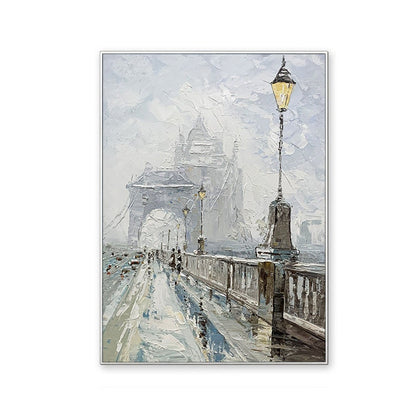 Abstract Cityscape Canvas Wall Art, Large Original Bridge Acrylic Painting on Canvas, Impressionist Streetscape Oil Painting for Living Room