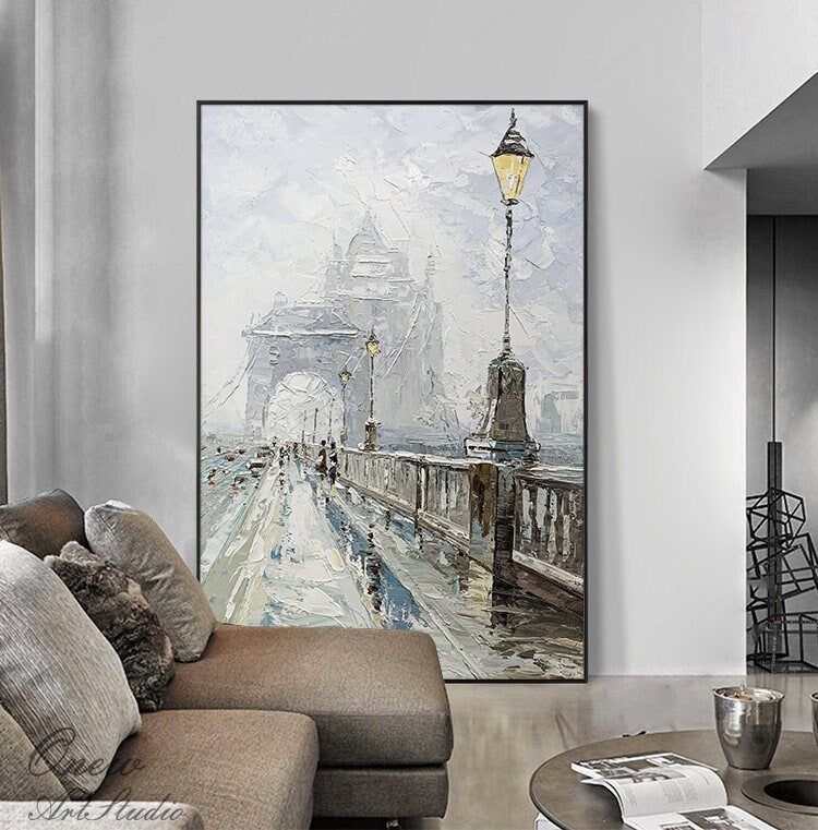Abstract Cityscape Canvas Wall Art, Large Original Bridge Acrylic Painting on Canvas, Impressionist Streetscape Oil Painting for Living Room
