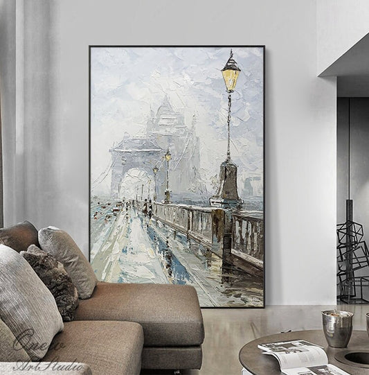 Abstract Cityscape Canvas Wall Art, Large Original Bridge Acrylic Painting on Canvas, Impressionist Streetscape Oil Painting for Living Room