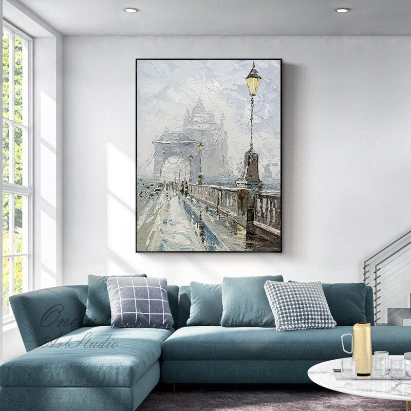 Abstract Cityscape Canvas Wall Art, Large Original Bridge Acrylic Painting on Canvas, Impressionist Streetscape Oil Painting for Living Room