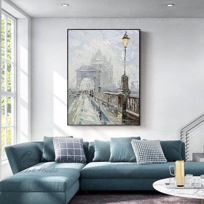 Abstract Cityscape Canvas Wall Art, Large Original Bridge Acrylic Painting on Canvas, Impressionist Streetscape Oil Painting for Living Room
