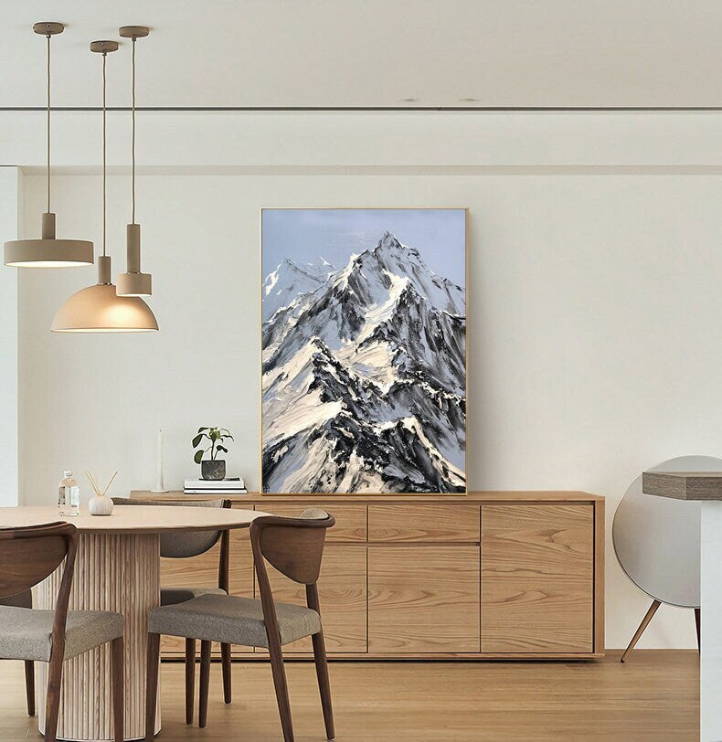 Abstract Snowy Mountain Canvas Wall Art, Large Original Landscape Oil Painting on Canvas, Modern Textured Painting for Living Room Bedroom