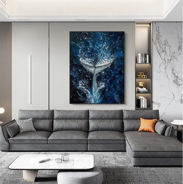 Abstract Whale Tail Oil Painting on Canvas, Original Ocean Canvas Wall Art, Large Sea Waves Wall Art, Modern Animal Painting for Living Room
