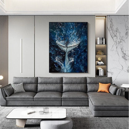 Abstract Whale Tail Oil Painting on Canvas, Original Ocean Canvas Wall Art, Large Sea Waves Wall Art, Modern Animal Painting for Living Room
