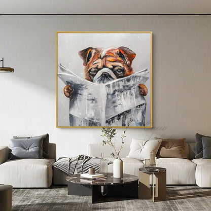 May include: A painting of a bulldog wearing a red collar and reading a newspaper. The bulldog is sitting on a white background with a light gray texture. The painting is framed in gold.