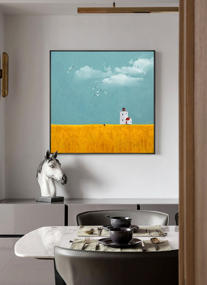 May include: A painting of a white lighthouse with a red roof on a yellow field with a blue sky and white birds flying overhead.
