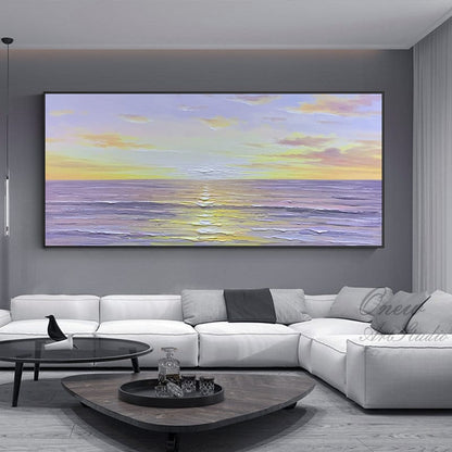 Abstract Seascape Oil Painting on Canvas, Original Sea With Sunrise Canvas Wall Art, Modern Textured Ocean Wall Art for Living Room Bedroom