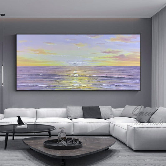 Abstract Seascape Oil Painting on Canvas, Original Sea With Sunrise Canvas Wall Art, Modern Textured Ocean Wall Art for Living Room Bedroom