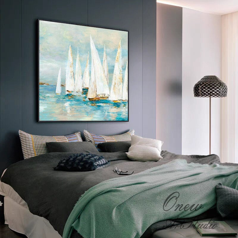 Abstract White Sailboats Painting on Canvas, Large Original Nautical Canvas Wall Art, Modern Seascape Oil Painting for Living Room Bedroom