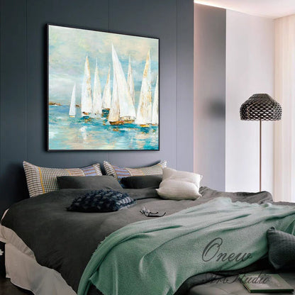 Abstract White Sailboats Painting on Canvas, Large Original Nautical Canvas Wall Art, Modern Seascape Oil Painting for Living Room Bedroom