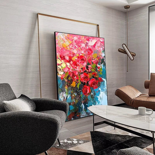 Original Red Roses Canvas Wall Art, Large Impressionist Flower Oil Painting on Canvas, Modern Floral Wall Art for Living Room, Bedroom Décor