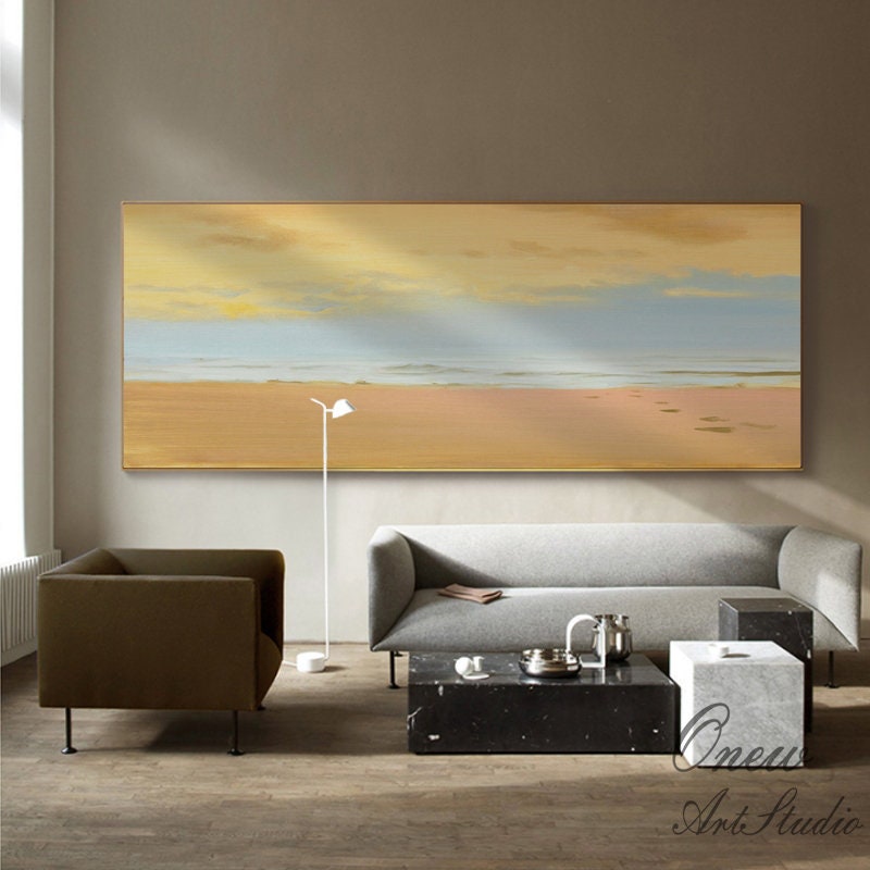 Large Abstract Beach and Clouds Canvas Art, Original Seascape Oil Painting on Canvas, Modern Minimalist Coastline Wall Art for Living Room