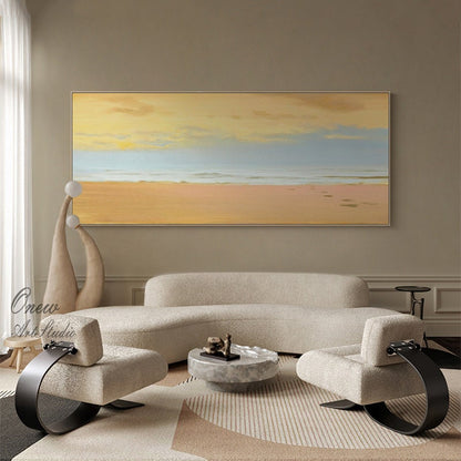 Large Abstract Beach and Clouds Canvas Art, Original Seascape Oil Painting on Canvas, Modern Minimalist Coastline Wall Art for Living Room