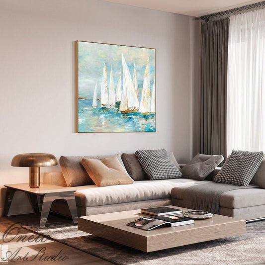 Abstract White Sailboats Painting on Canvas, Large Original Nautical Canvas Wall Art, Modern Seascape Oil Painting for Living Room Bedroom