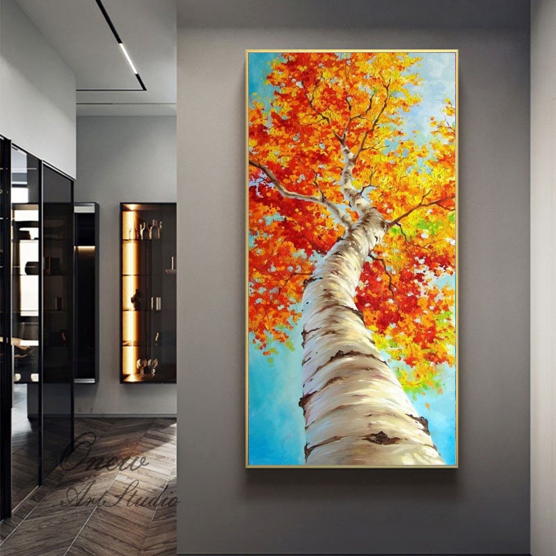 Abstract Tree Oil Painting on Canvas, Large Original Birch Tree Canvas Wall Art, Modern Autumn Landscape Wall Art for Living Room,home Décor