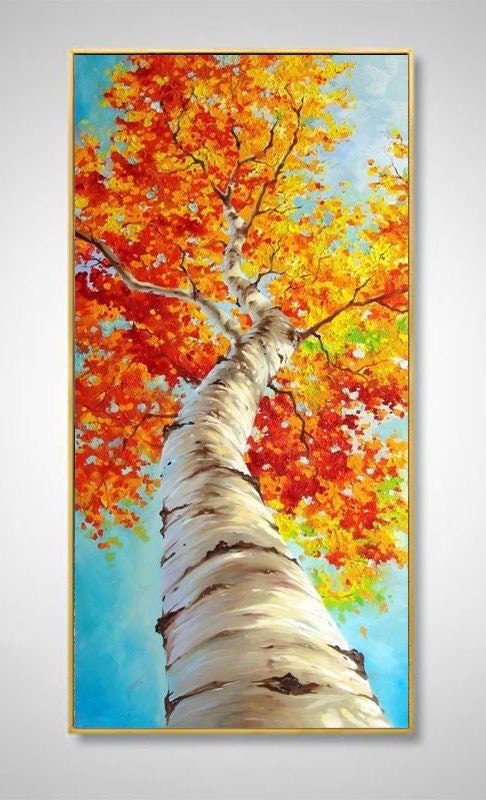 Abstract Tree Oil Painting on Canvas, Large Original Birch Tree Canvas Wall Art, Modern Autumn Landscape Wall Art for Living Room,home Décor
