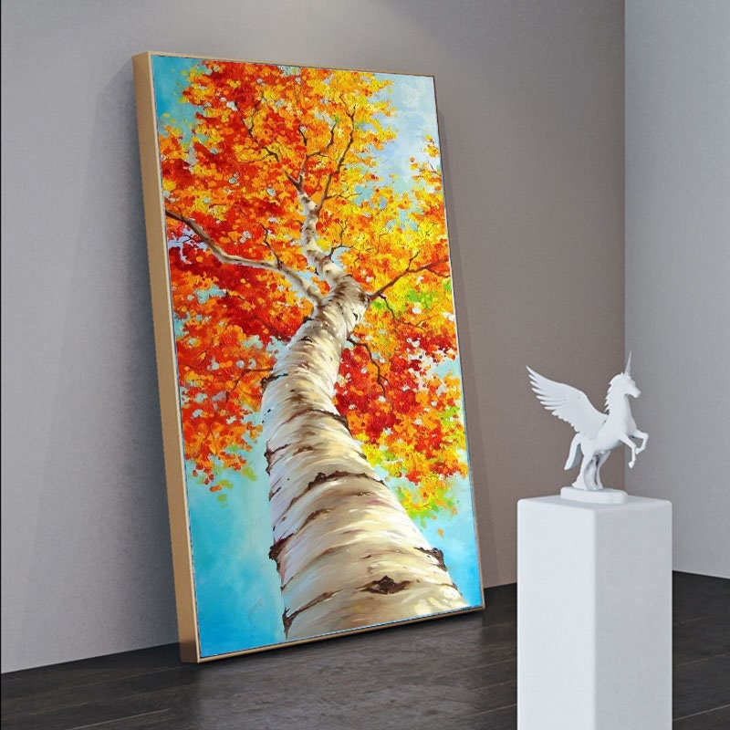 Abstract Tree Oil Painting on Canvas, Large Original Birch Tree Canvas Wall Art, Modern Autumn Landscape Wall Art for Living Room,home Décor