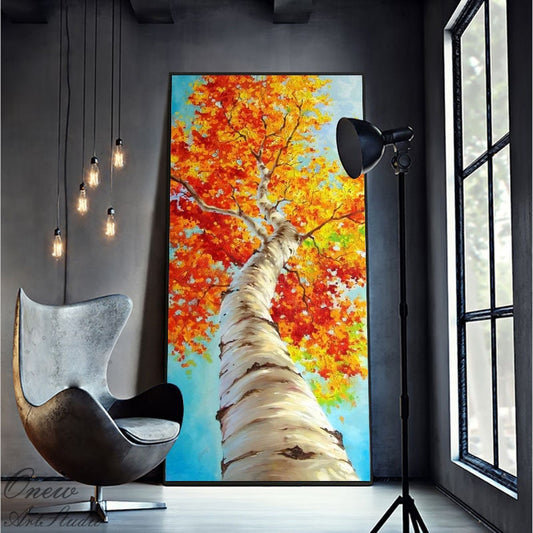 Abstract Tree Oil Painting on Canvas, Large Original Birch Tree Canvas Wall Art, Modern Autumn Landscape Wall Art for Living Room,home Décor